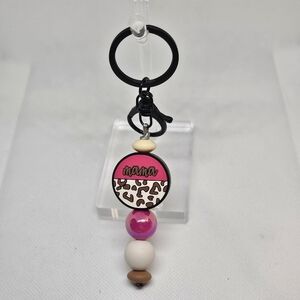 NWT Pink and Cream with Animal Print Mama Bling and Beaded Black Metal Keychain